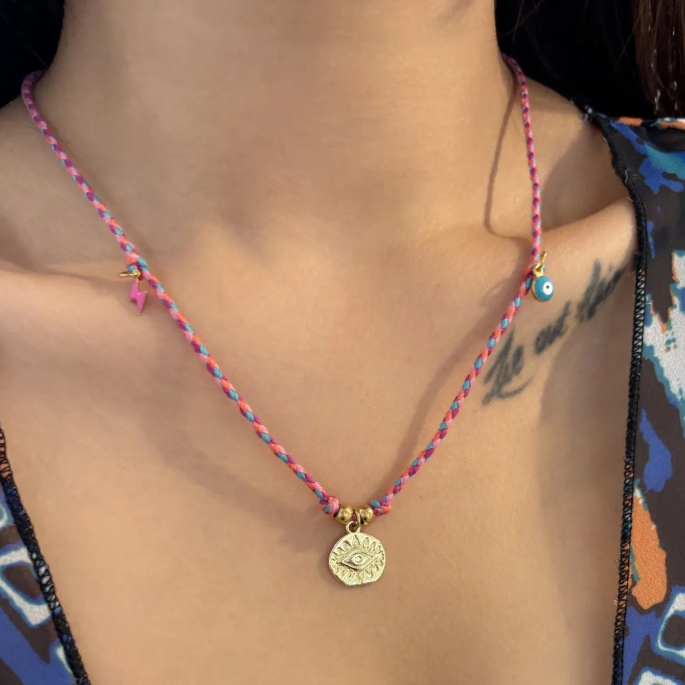 Copper geometry pendant necklace for men with star and eye motifs in blue colour on regular chain