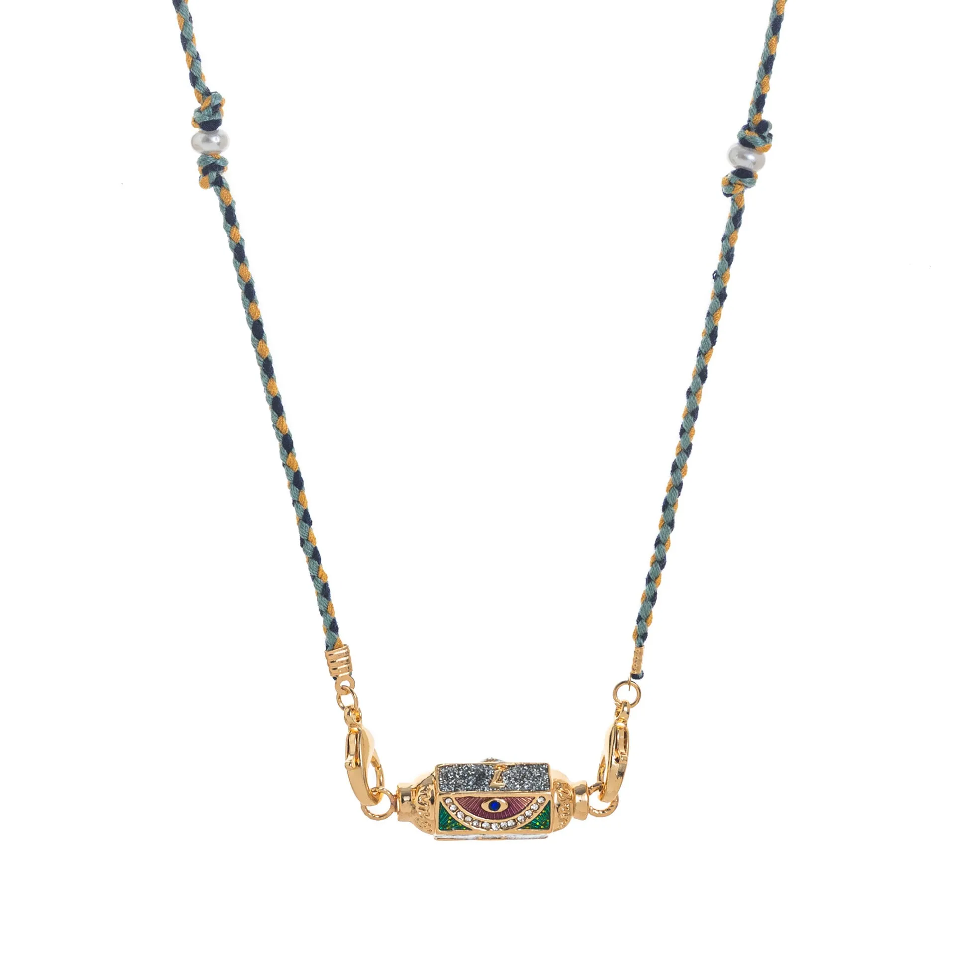 Copper geometry pendant necklace for men with star and eye motifs in blue colour on regular chain