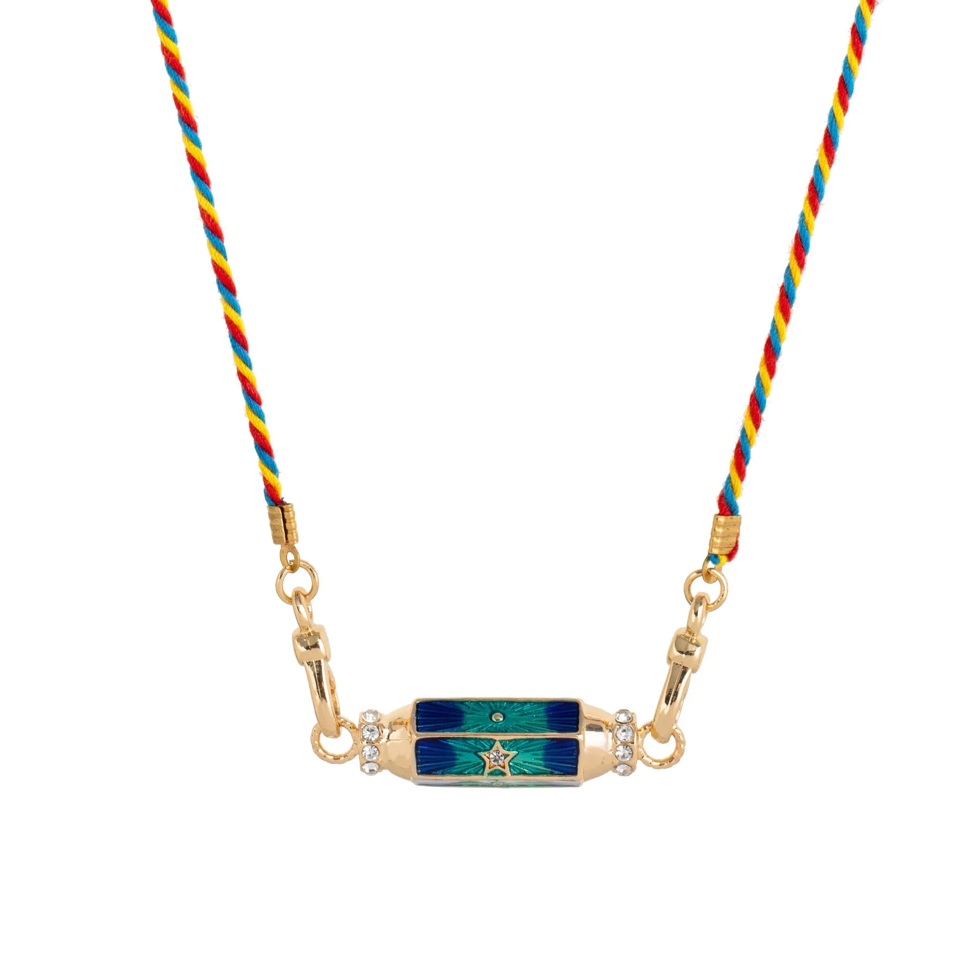 Copper geometry pendant necklace for men with star and eye motifs in blue colour on regular chain