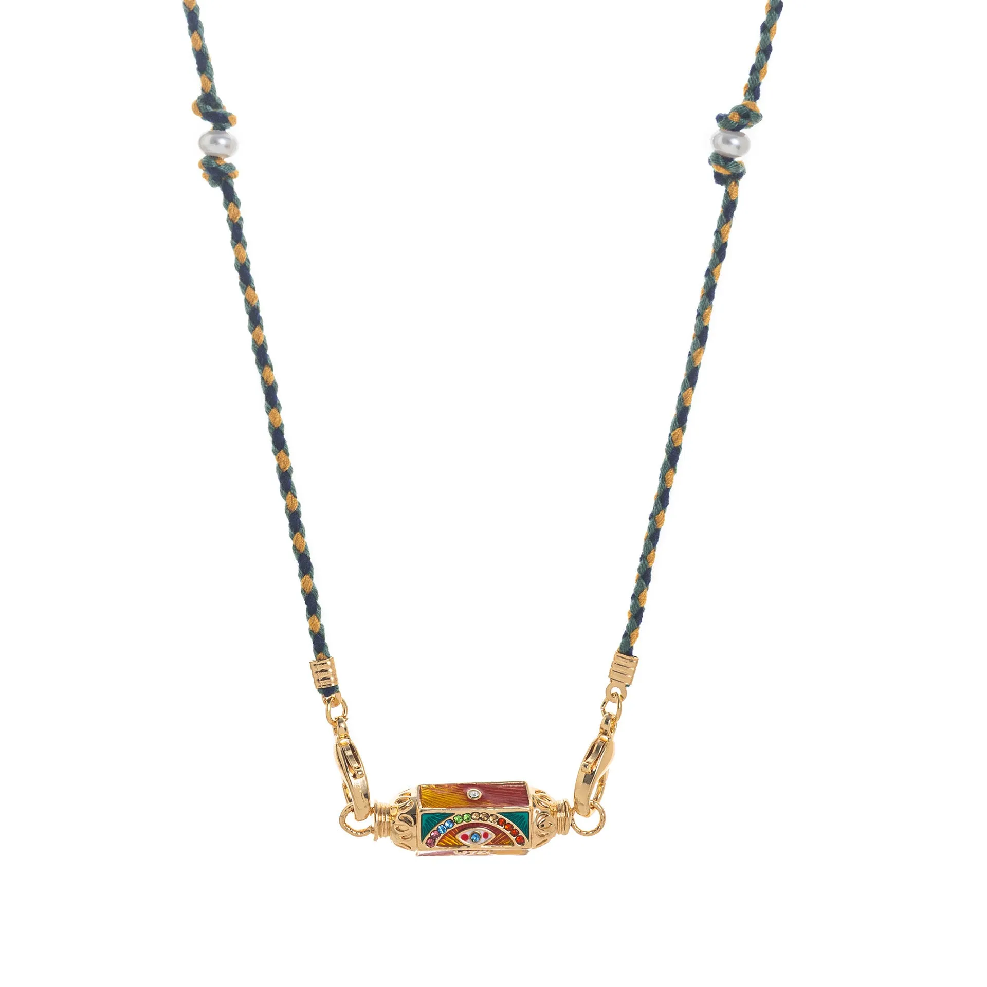 Copper geometry pendant necklace for men with star and eye motifs in blue colour on regular chain