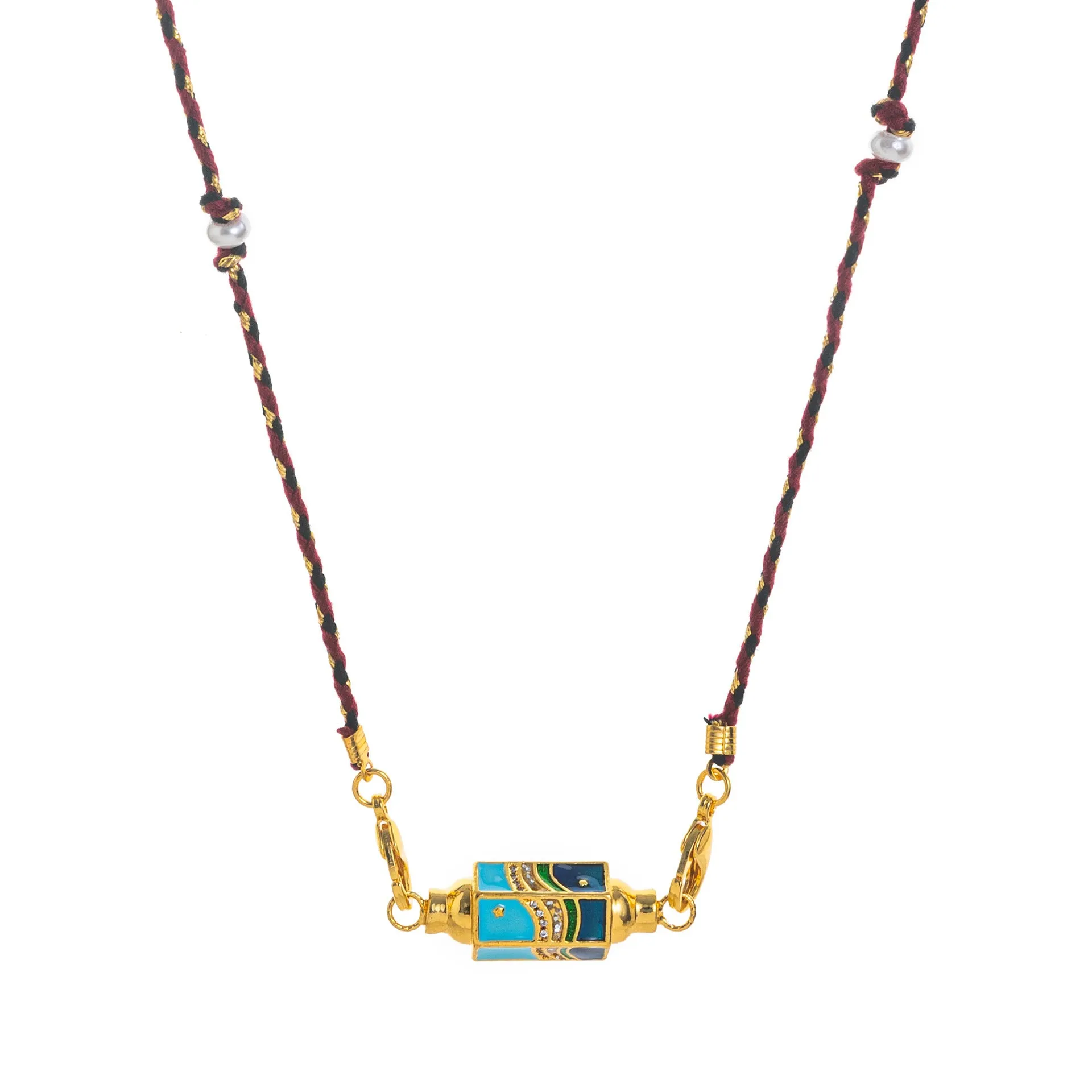 Copper geometry pendant necklace for men with star and eye motifs in blue colour on regular chain