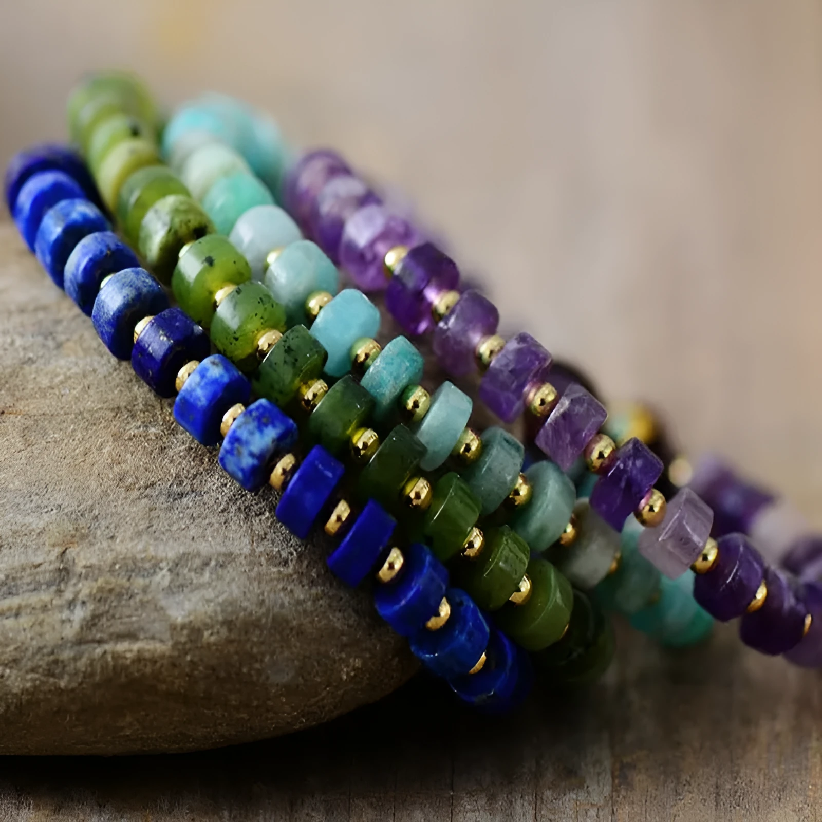 Handmade natural stone beaded bracelet with round lapis amethyst agate beads