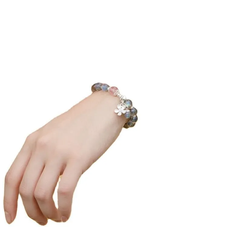 Women's 7.5mm crystal bracelet with zodiac charms and 925 silver clasp in moonlight lime or strawberry pink