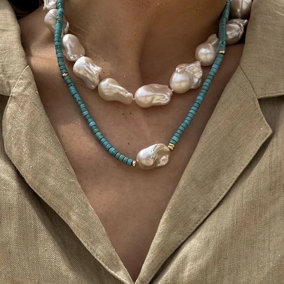 Natural baroque pearl and turquoise necklace with handmade finish