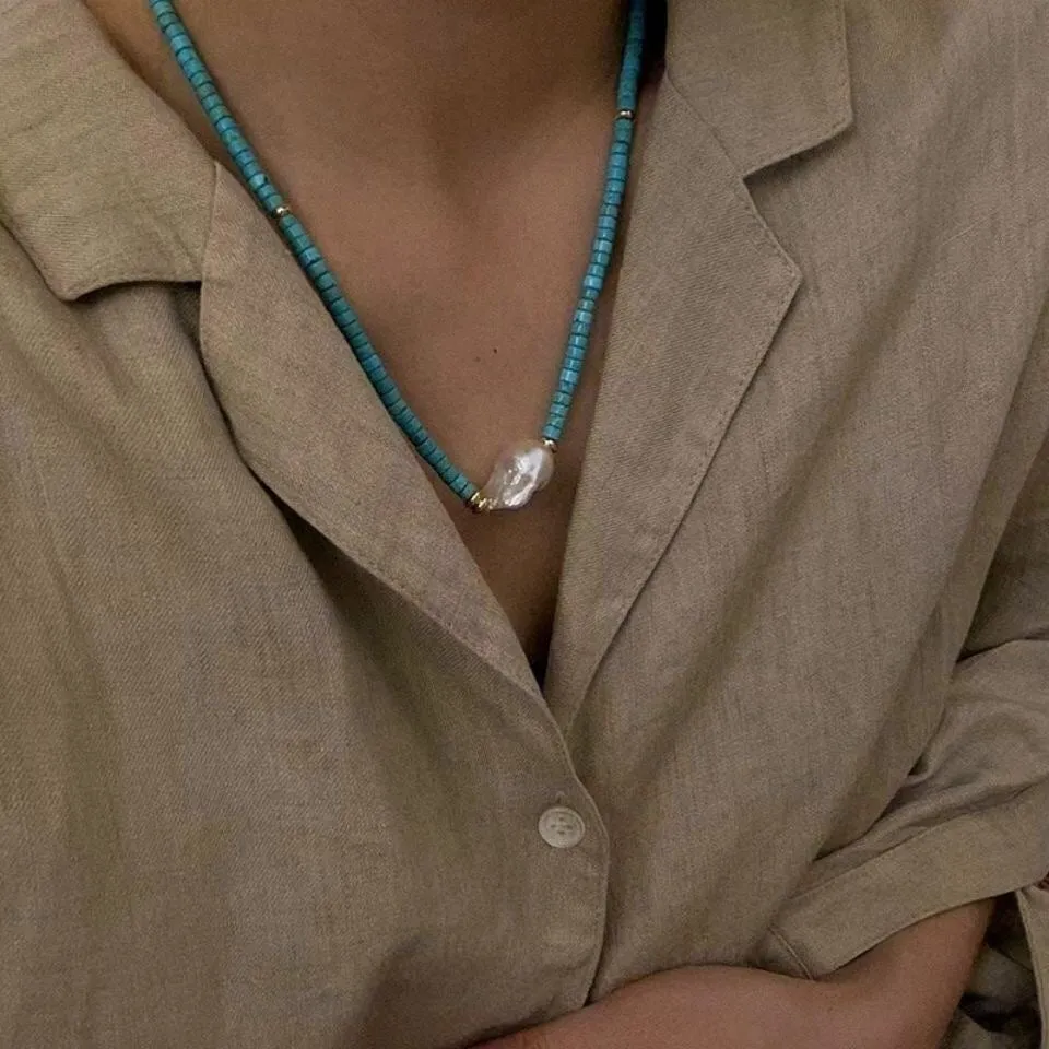 Natural baroque pearl and turquoise necklace with handmade finish