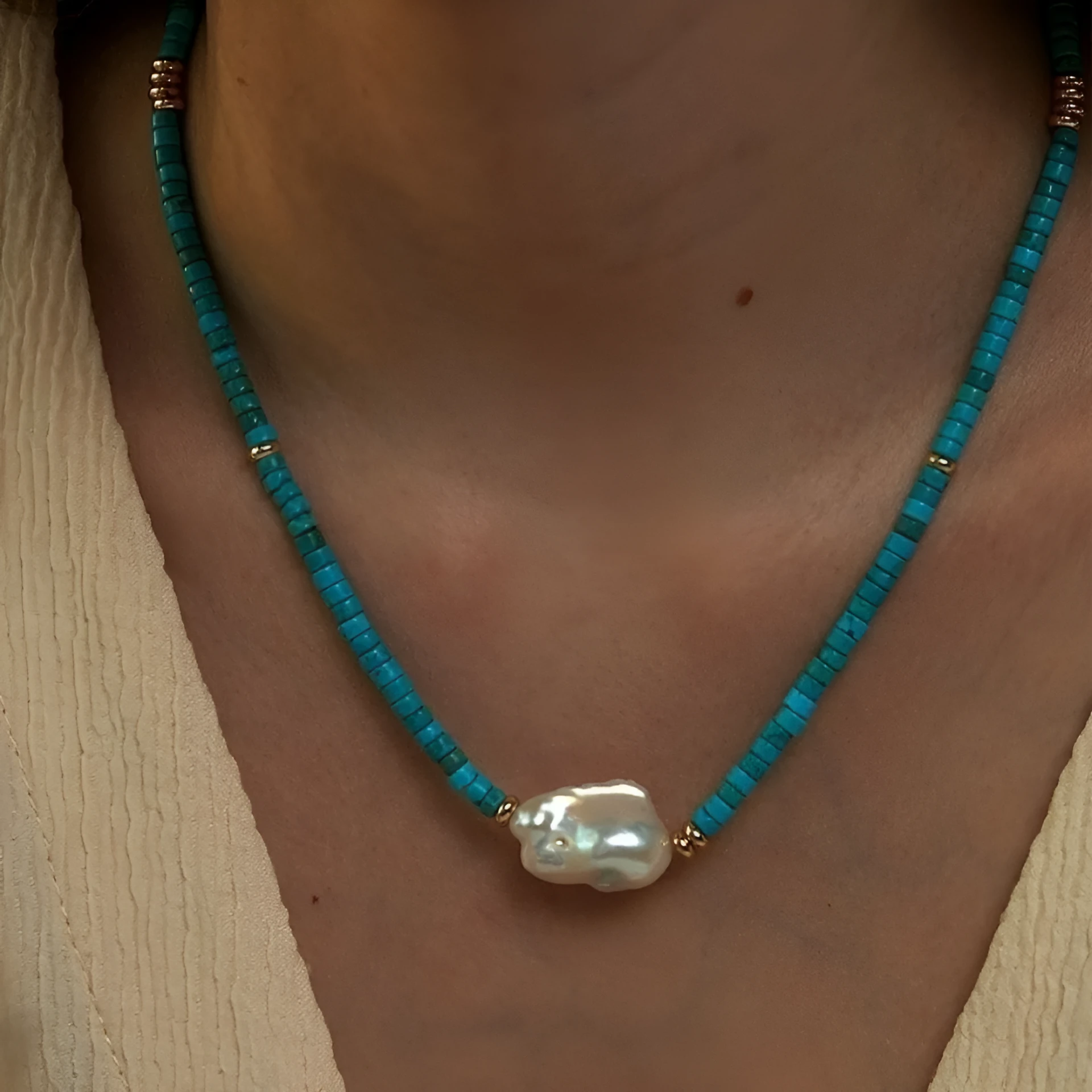 Natural baroque pearl and turquoise necklace with handmade finish