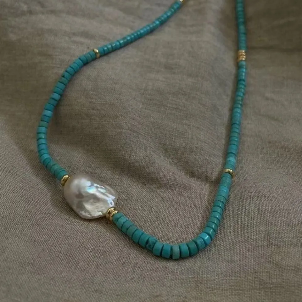 Natural baroque pearl and turquoise necklace with handmade finish