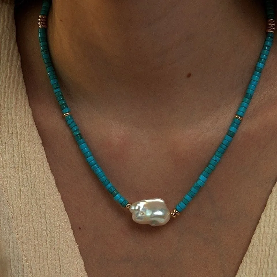 Natural baroque pearl and turquoise necklace with handmade finish