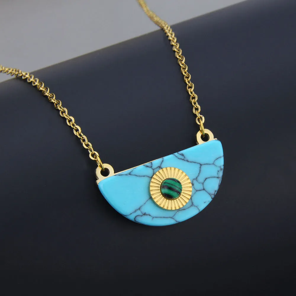 Turquoise crystal pendant necklace on copper box chain, clavicle length, camellia shape with diamond treatment