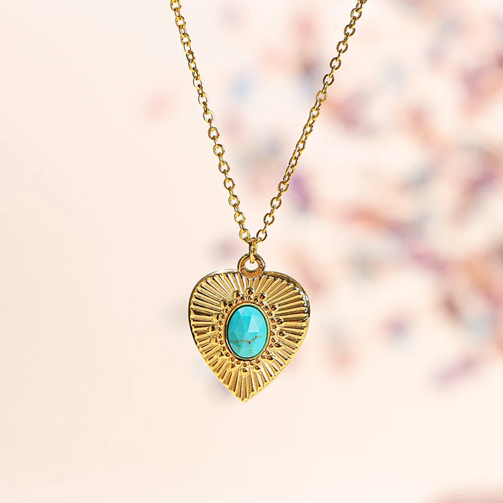 Turquoise crystal pendant necklace on copper box chain, clavicle length, camellia shape with diamond treatment