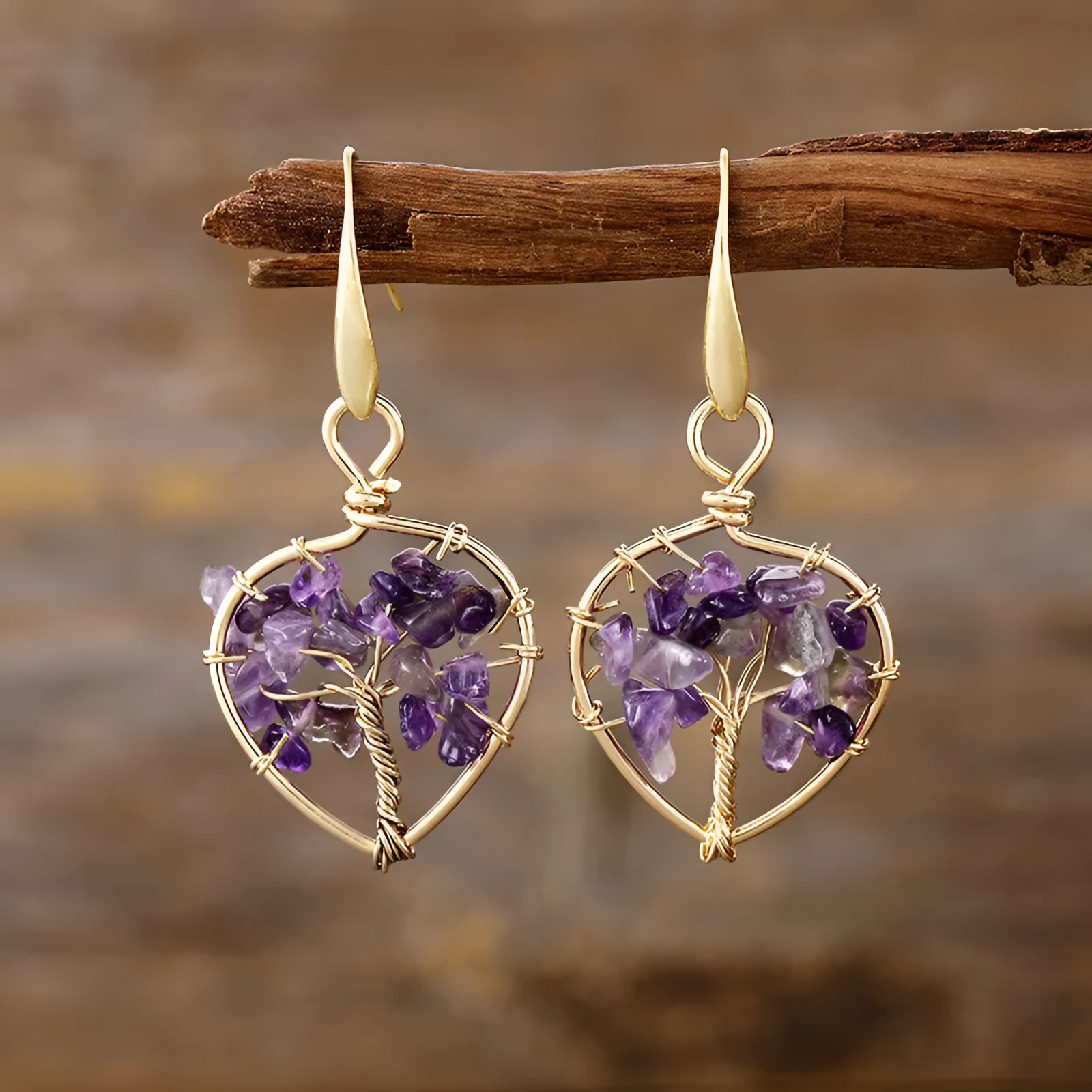 Natural crystal lucky tree eardrop earrings in amethyst and green dongling on alloy base with European style