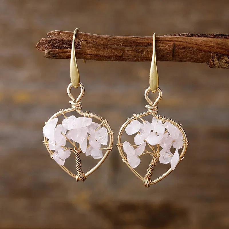 Natural crystal lucky tree eardrop earrings in amethyst and green dongling on alloy base with European style