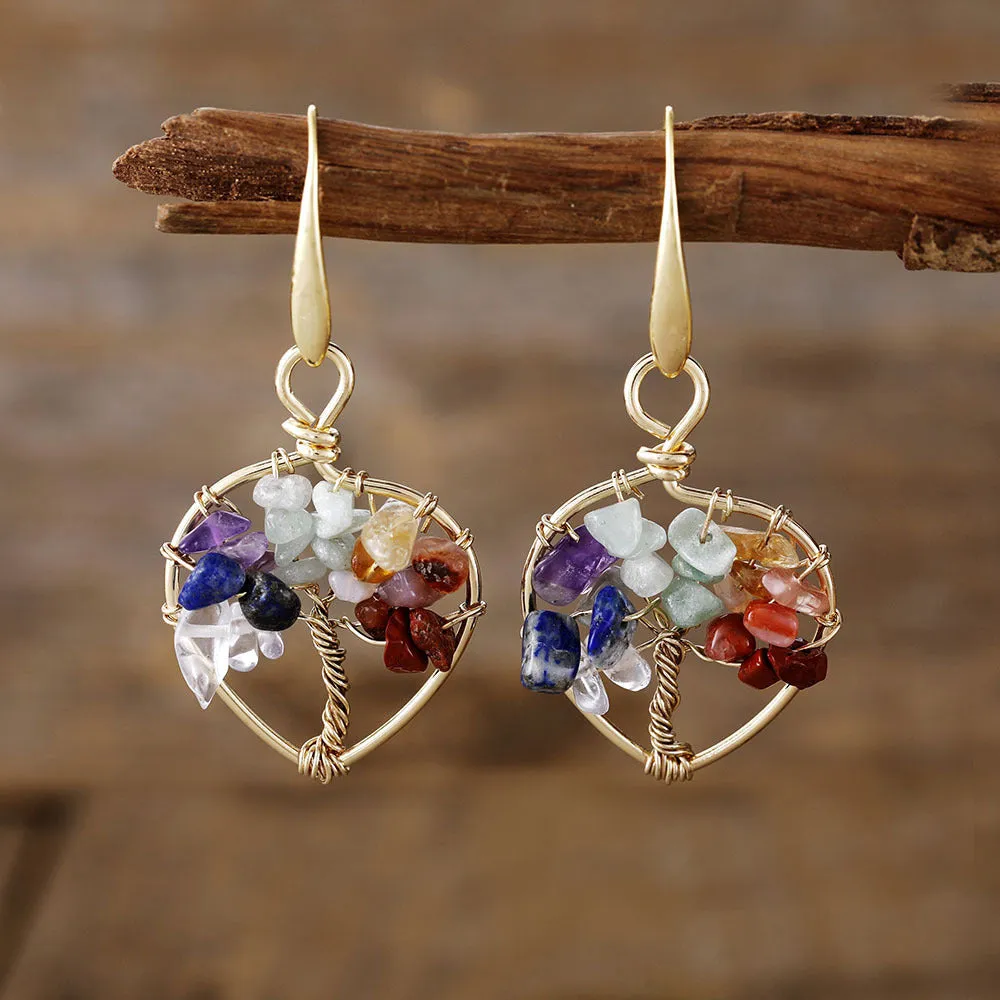 Natural crystal lucky tree eardrop earrings in amethyst and green dongling on alloy base with European style