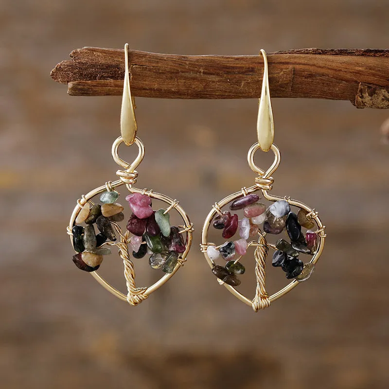 Natural crystal lucky tree eardrop earrings in amethyst and green dongling on alloy base with European style