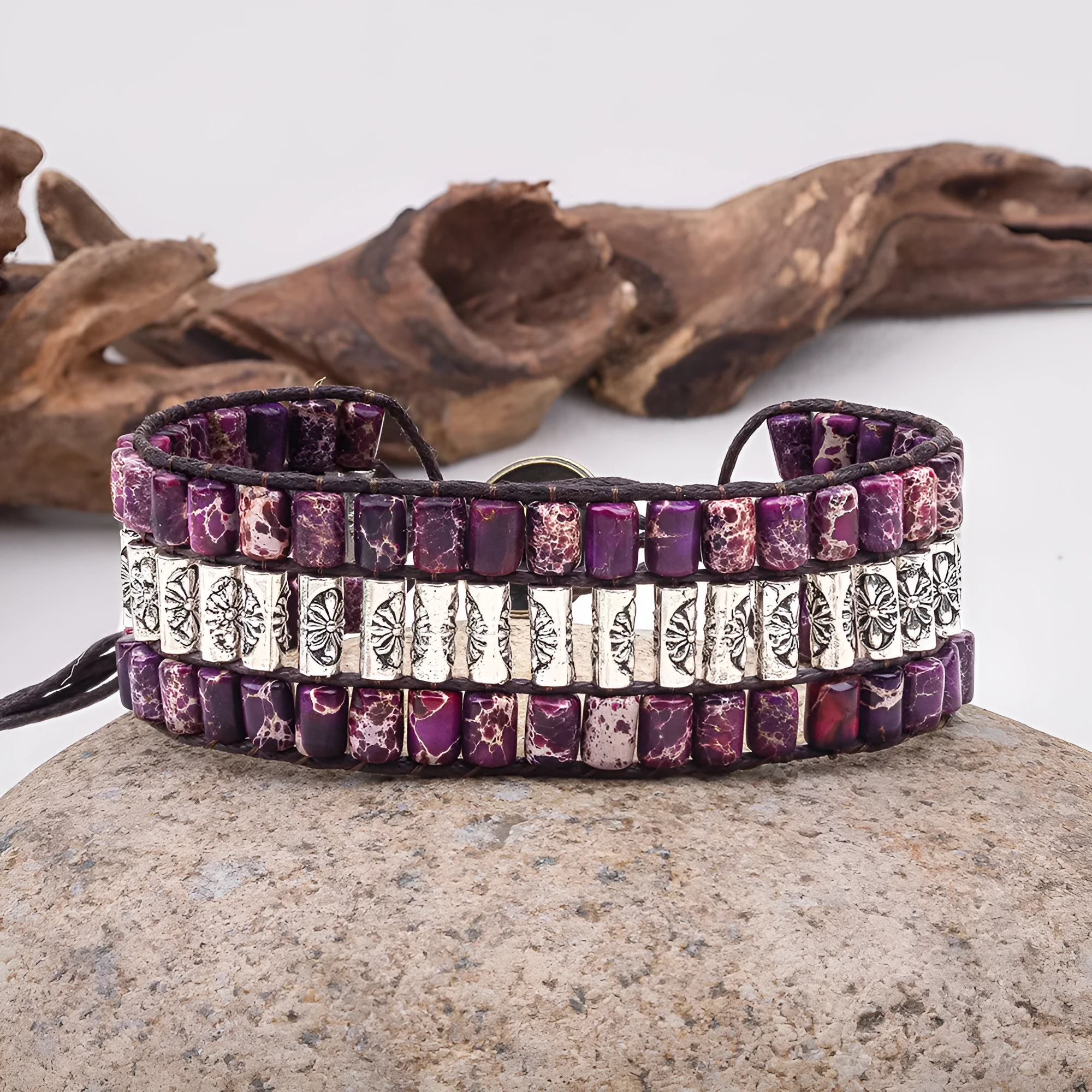 Purple vintage Bohemian braided agate bracelet with cross motif, 13mm beads, hand-woven wax rope, on neutral background