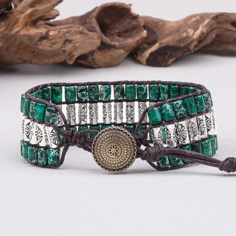 Purple vintage Bohemian braided agate bracelet with cross motif, 13mm beads, hand-woven wax rope, on neutral background