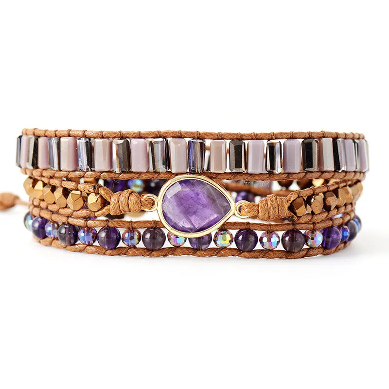 Natural amethyst crystal handmade bracelet with vintage weave in peacock colour