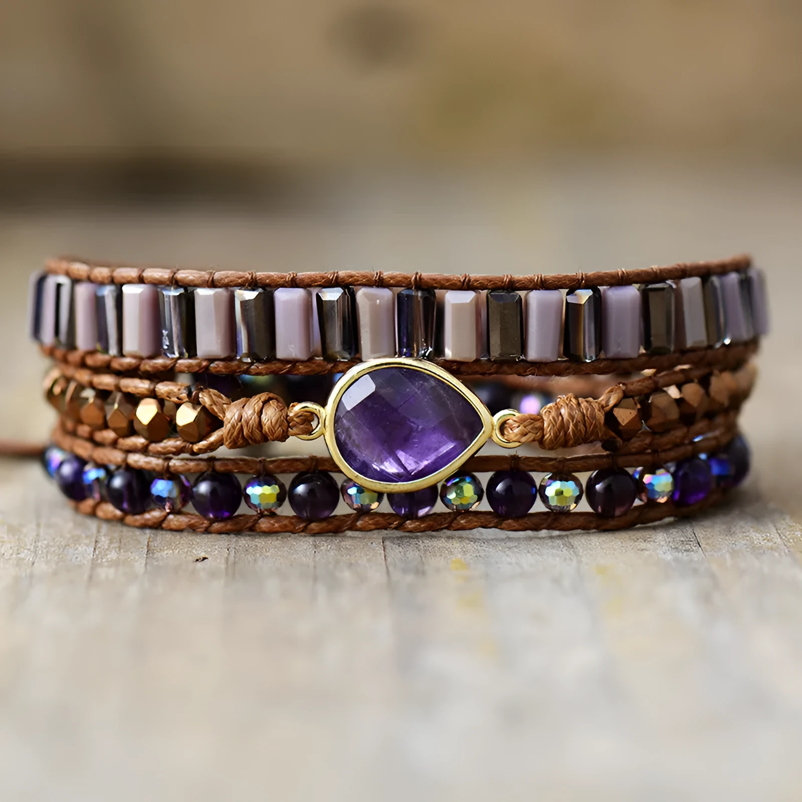 Natural amethyst crystal handmade bracelet with vintage weave in peacock colour