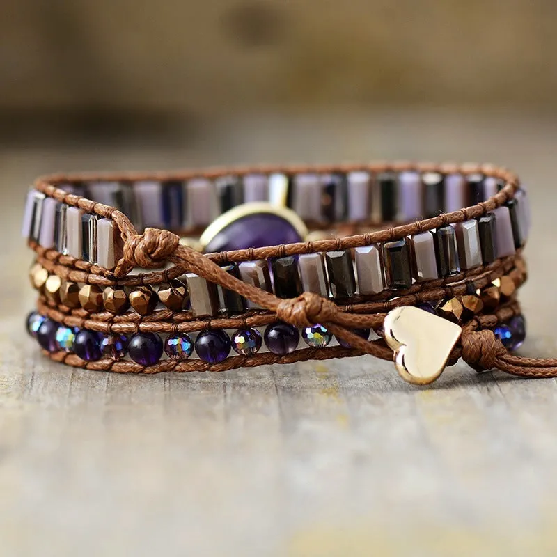 Natural amethyst crystal handmade bracelet with vintage weave in peacock colour
