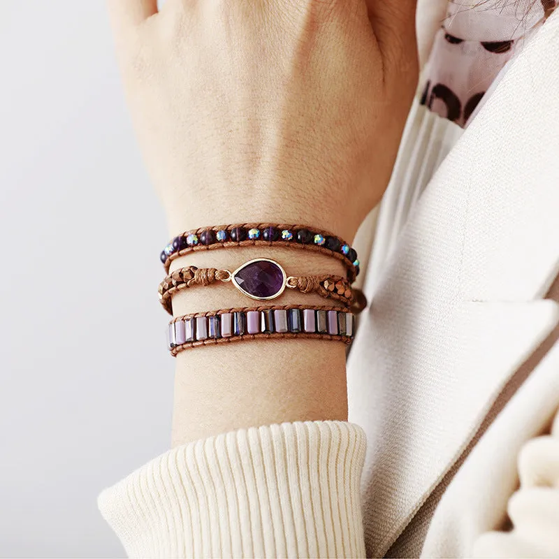 Natural amethyst crystal handmade bracelet with vintage weave in peacock colour