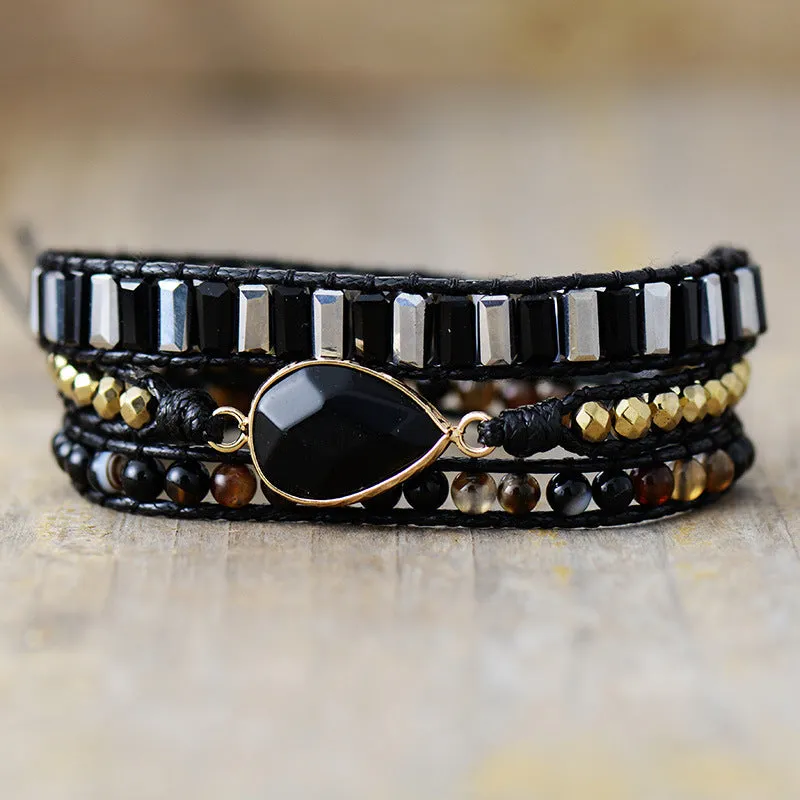Handmade water drop obsidian bracelet on leather rope, French retro style, unisex jewellery