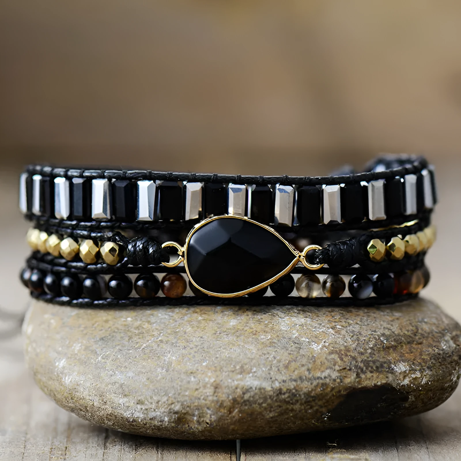 Handmade water drop obsidian bracelet on leather rope, French retro style, unisex jewellery