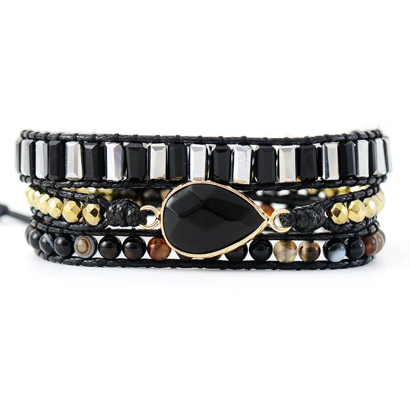 Handmade water drop obsidian bracelet on leather rope, French retro style, unisex jewellery