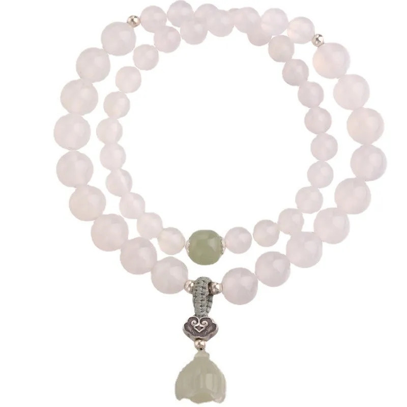 S925 sterling silver bracelet with white agate and green Hetian jade beads in geometric lotus pattern