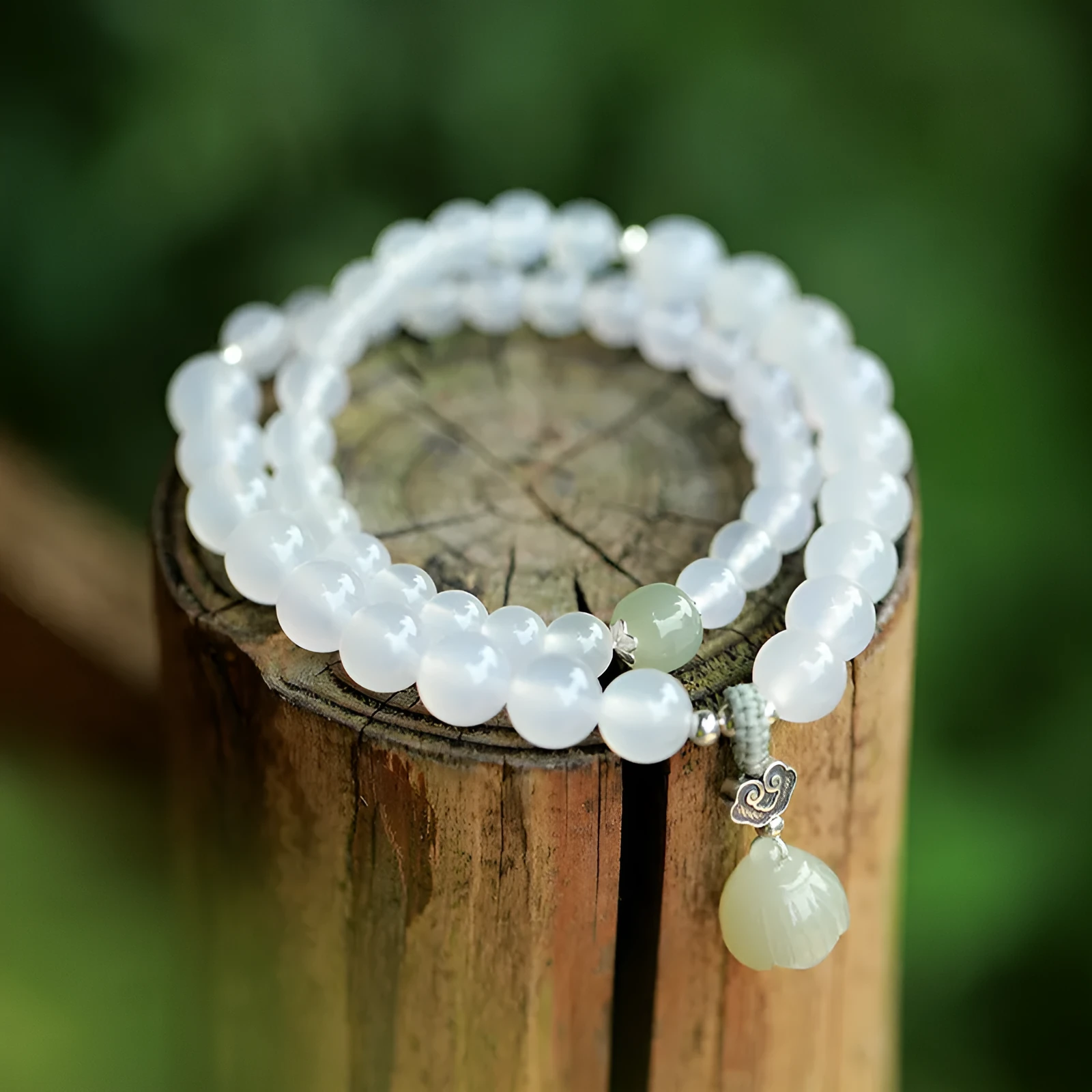 S925 sterling silver bracelet with white agate and green Hetian jade beads in geometric lotus pattern