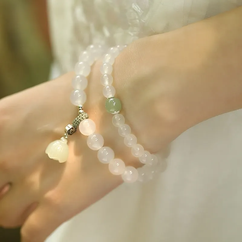 S925 sterling silver bracelet with white agate and green Hetian jade beads in geometric lotus pattern