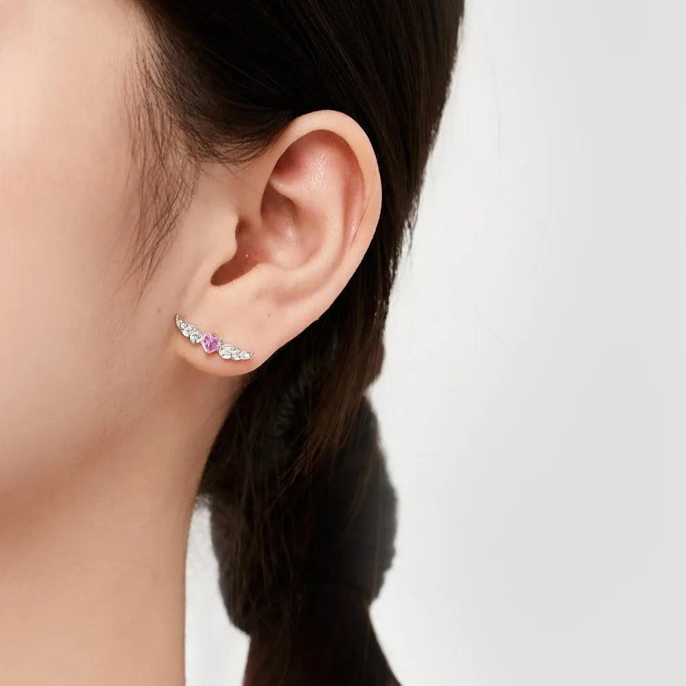 925 silver heart-shaped zircon earrings with wings motif, Japanese Korean light luxury style, O-chain stud design for women