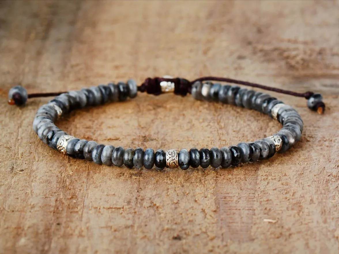 Men's natural gray agate drawing stone turquoise punk bracelet with abacus element on neutral background
