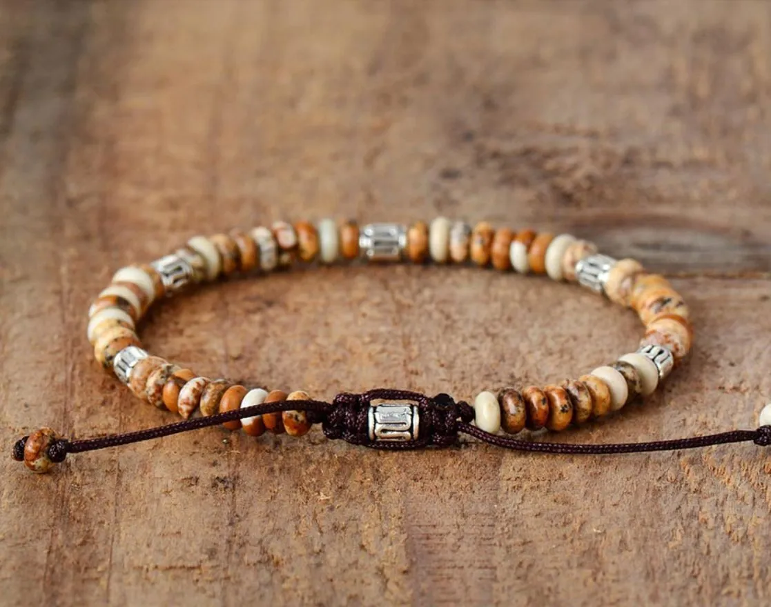 Men's natural gray agate drawing stone turquoise punk bracelet with abacus element on neutral background