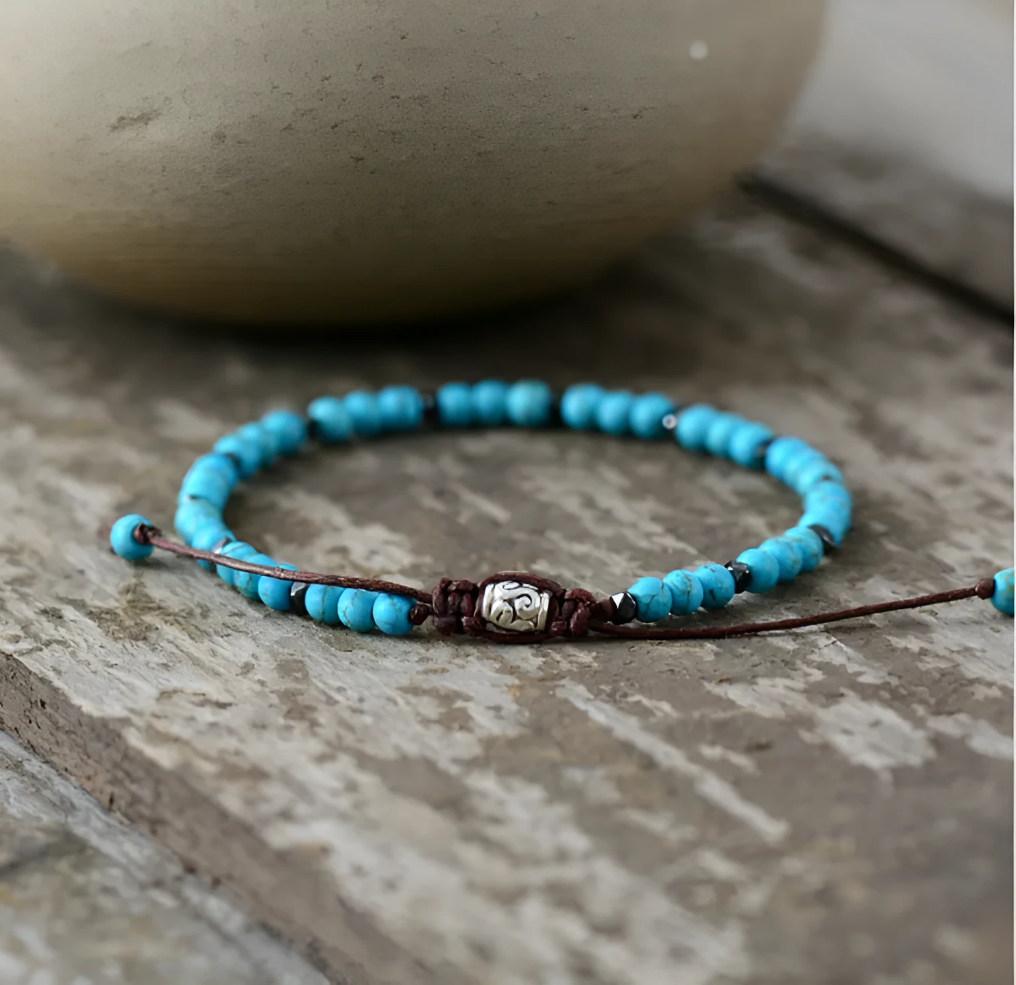 Men's natural gray agate drawing stone turquoise punk bracelet with abacus element on neutral background