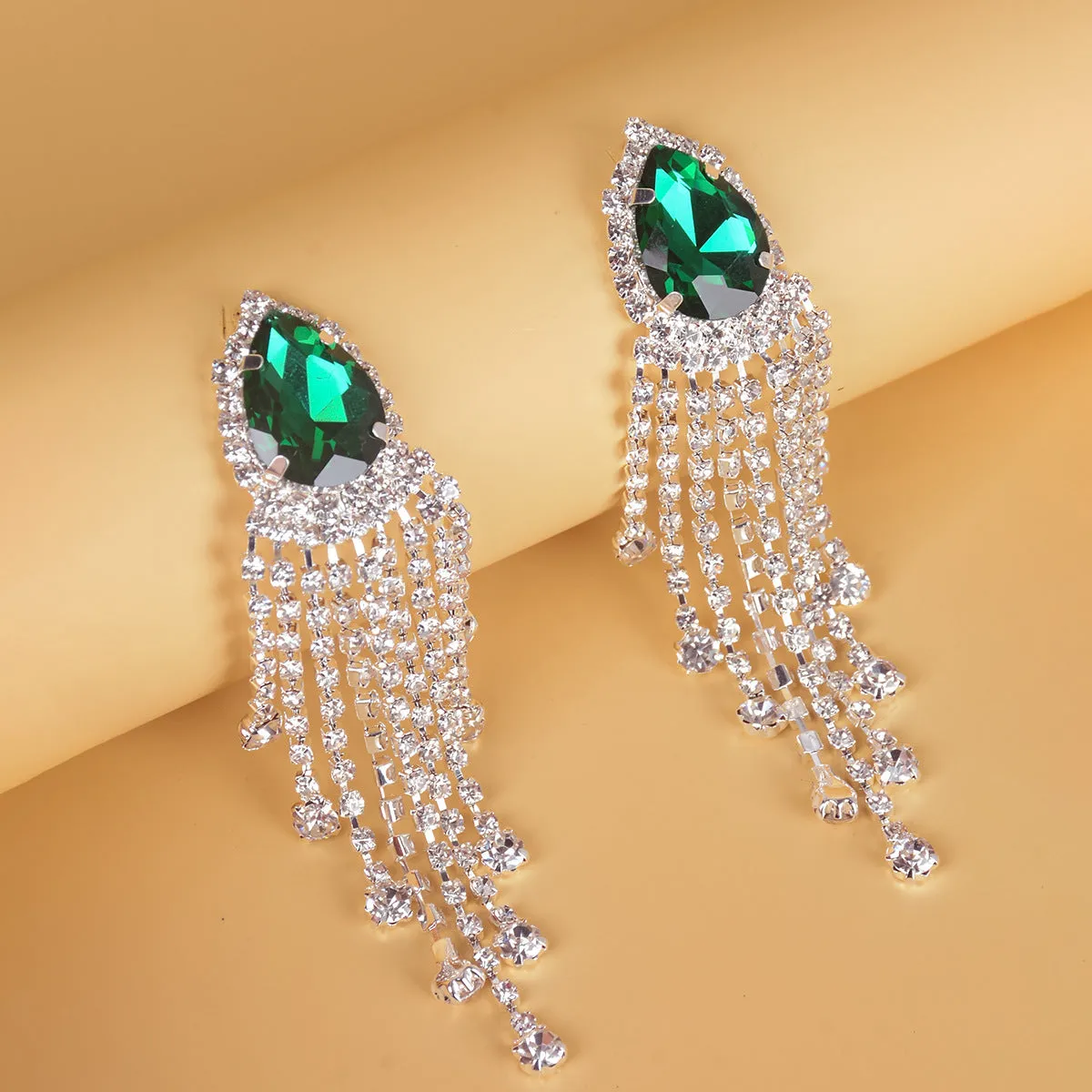 Rhinestone tassel drop earrings diamond finish silver green red 10x2.5 cm