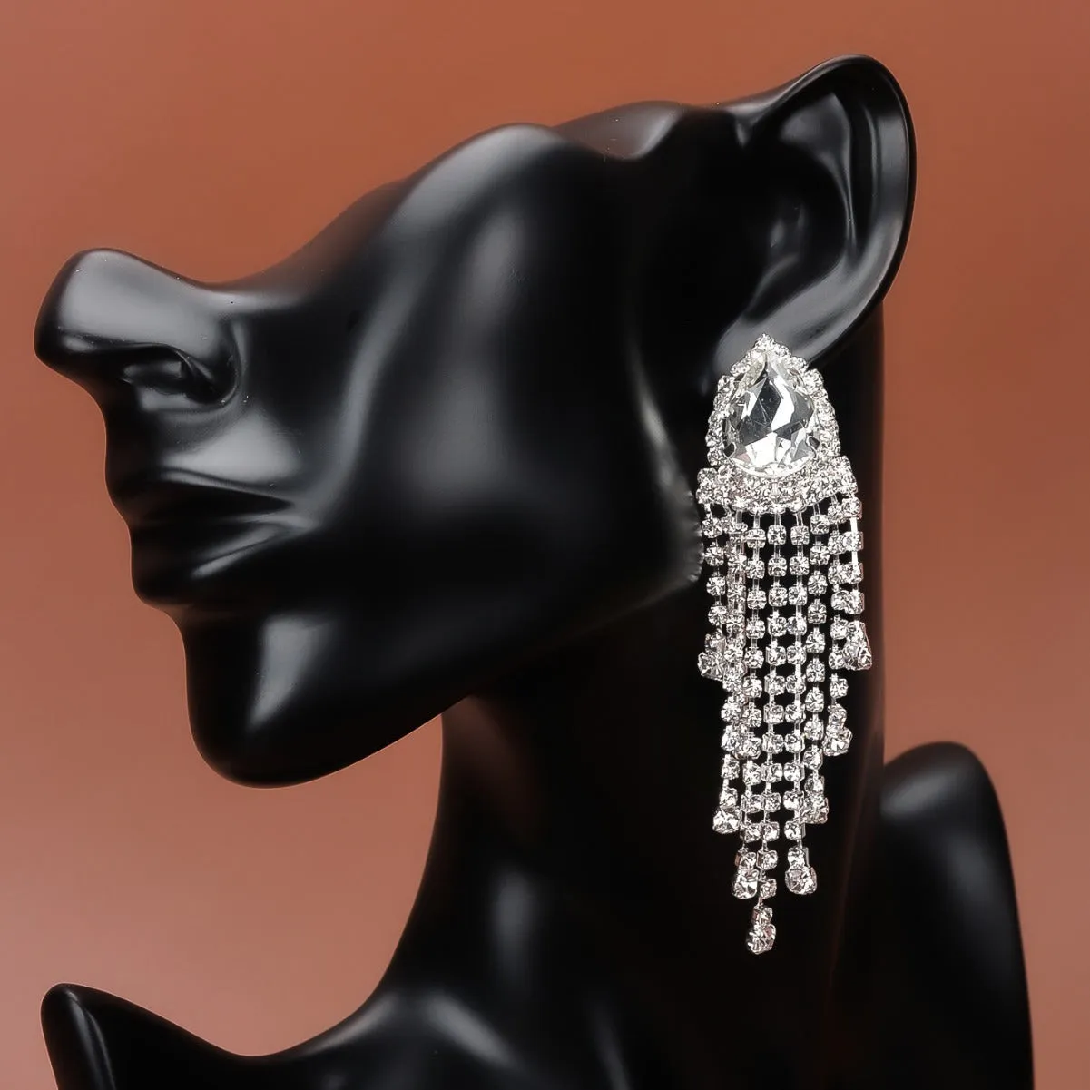 Rhinestone tassel drop earrings diamond finish silver green red 10x2.5 cm