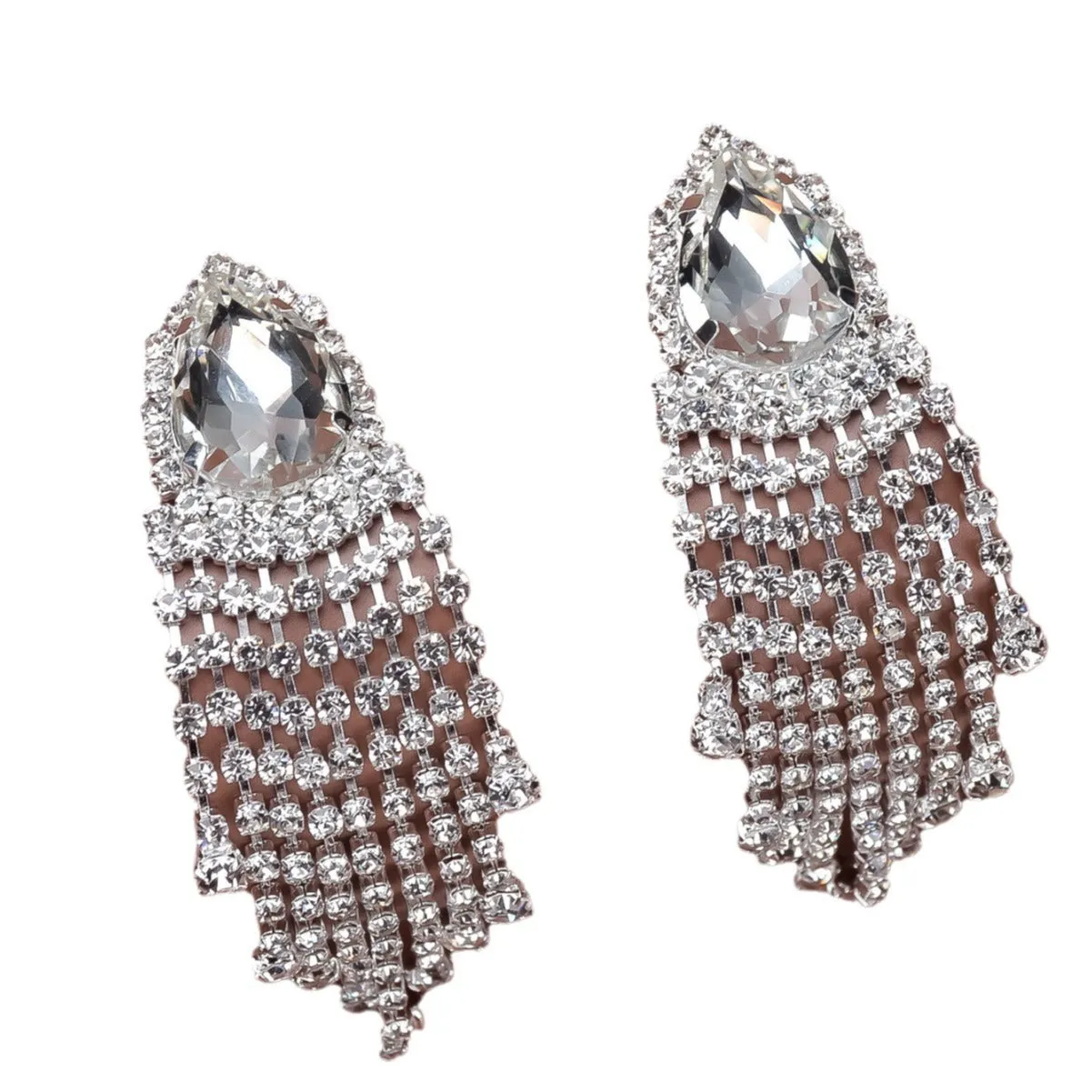 Rhinestone tassel drop earrings diamond finish silver green red 10x2.5 cm