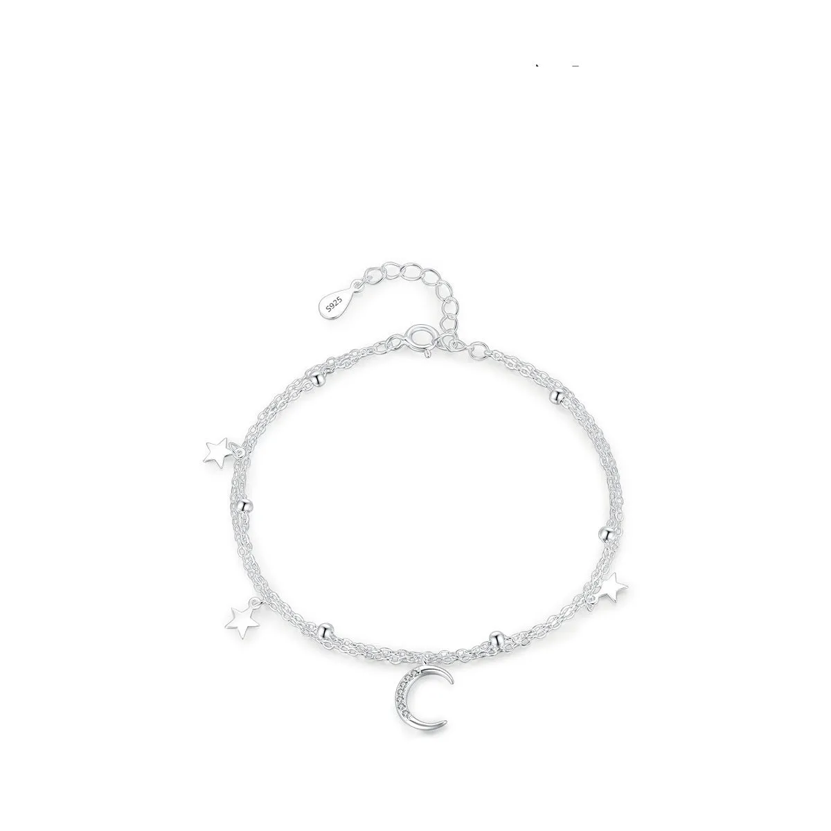 S925 sterling silver star moon double layer twin bracelet on white background