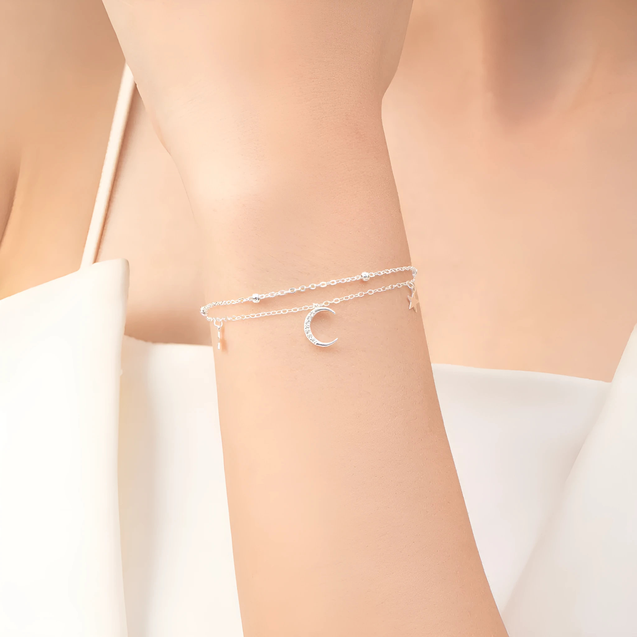 S925 sterling silver star moon double layer twin bracelet on white background
