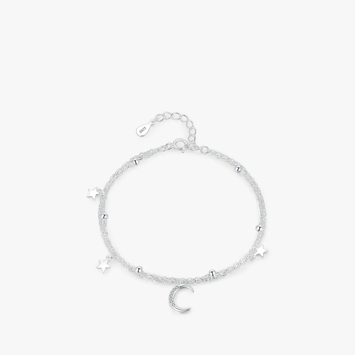 S925 sterling silver star moon double layer twin bracelet on white background