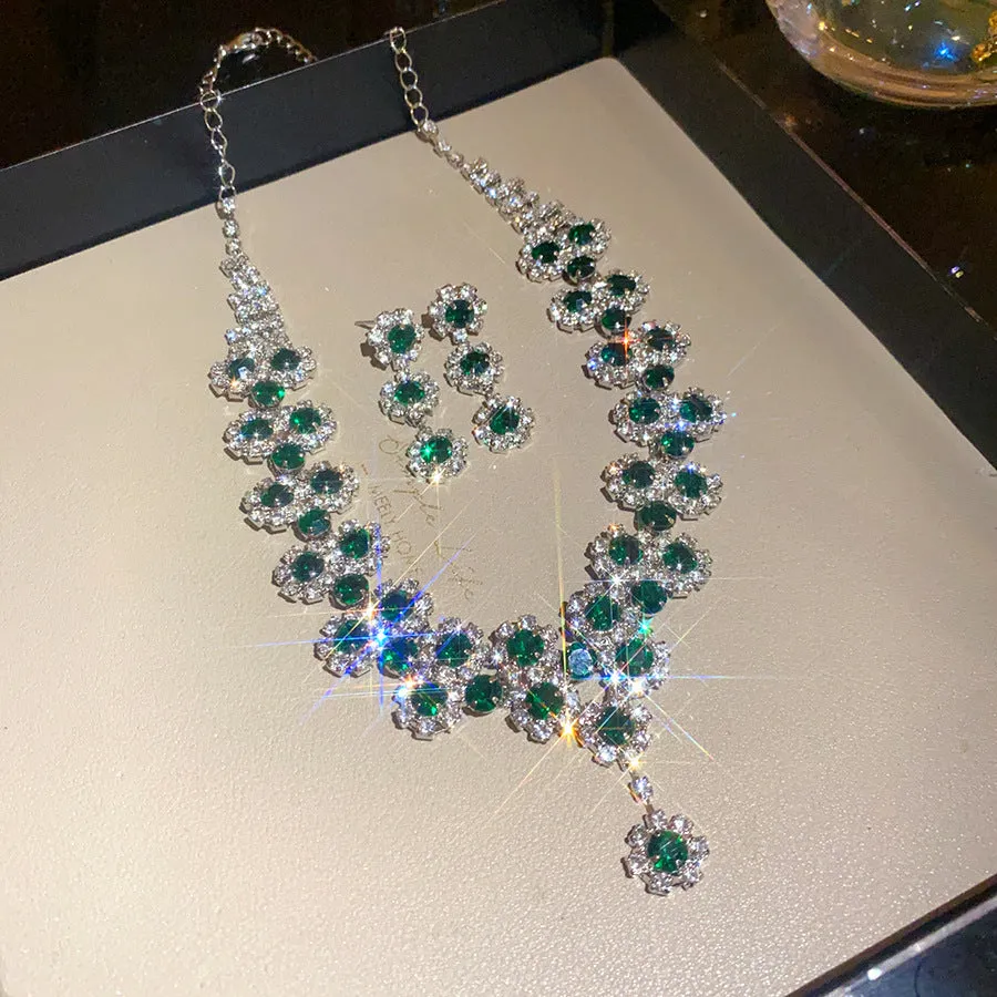 Diamond flower multi-layer pendant necklace and earrings set in silver colour on copper base