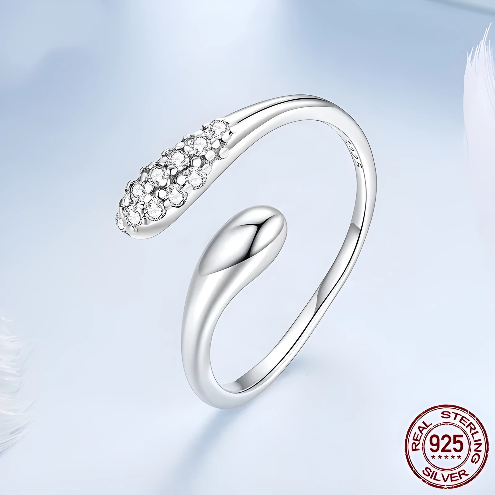 S925 sterling silver water drop adjustable opening ring with inlaid zircon in BSR680-E colour for women