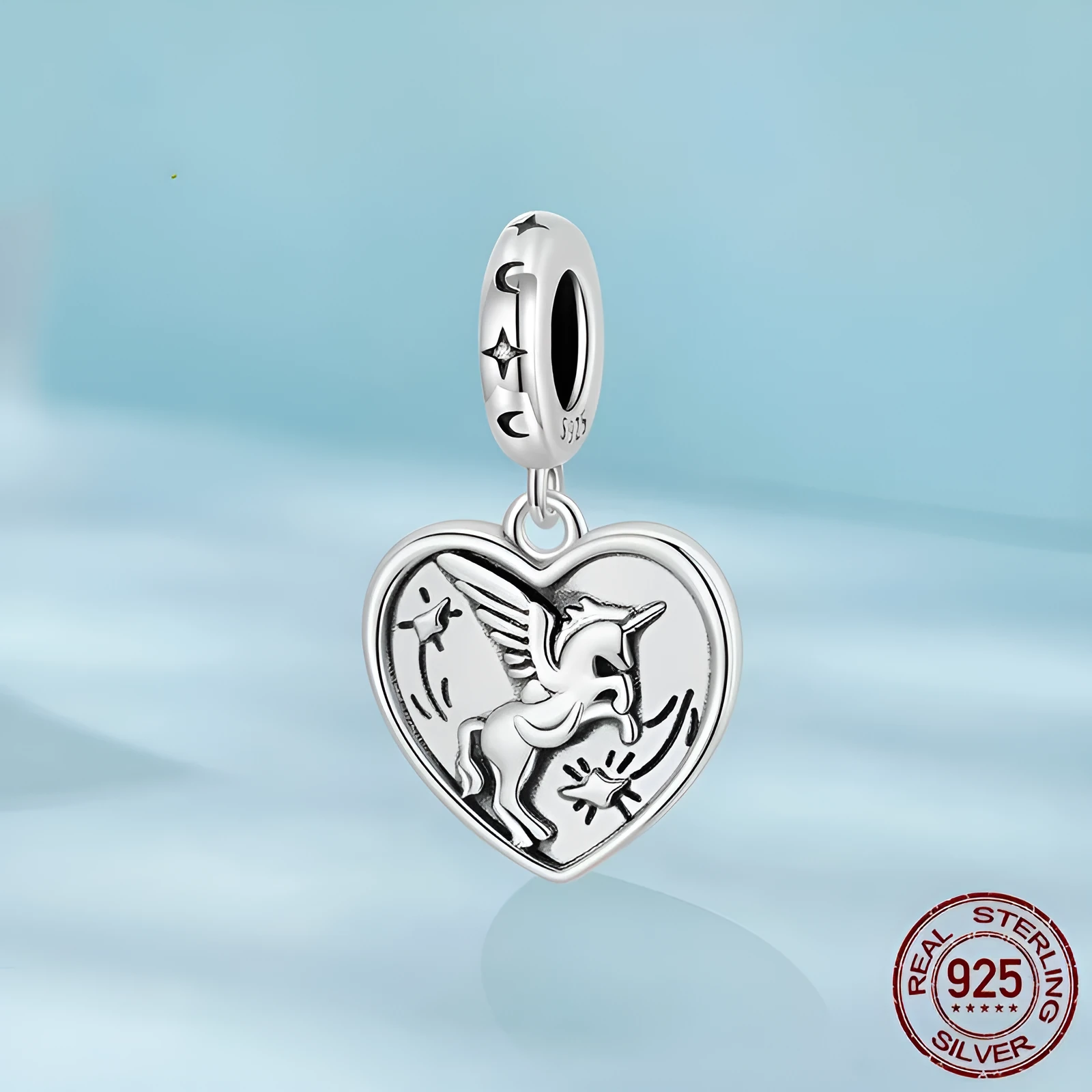 S925 sterling silver love heart bead with pearlescent finish, 2.3cm high, 1.3cm wide, 0.45cm aperture