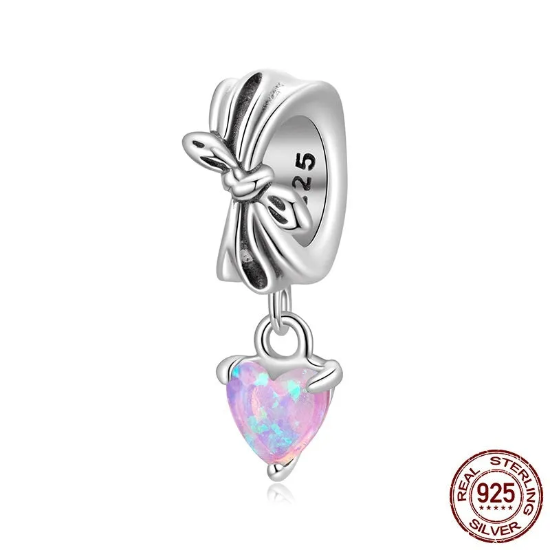 S925 sterling silver loving heart bead with opal bow inlay, 1.6x0.6cm, 0.45cm aperture
