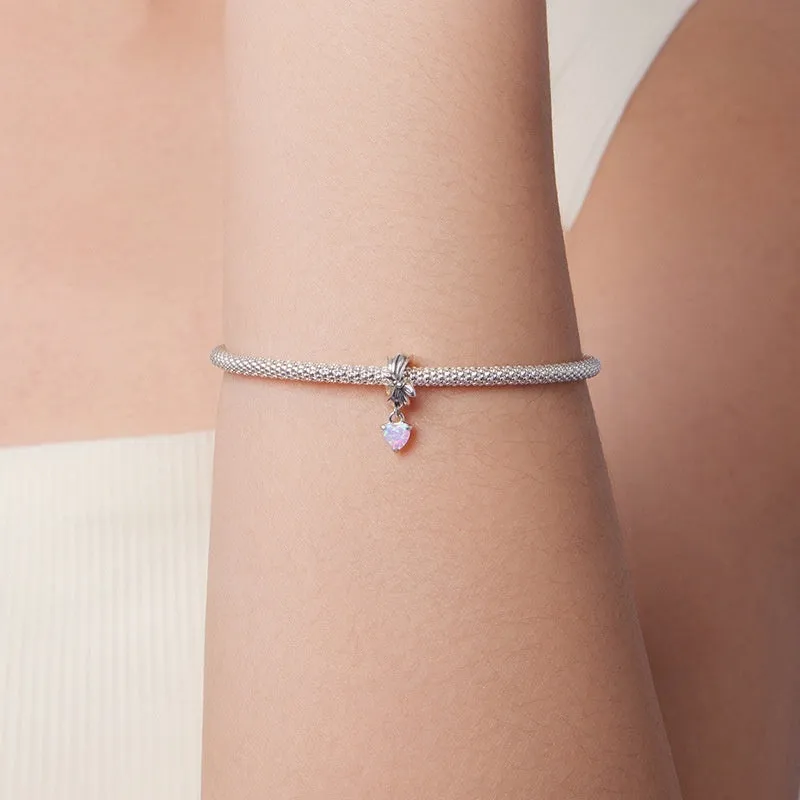 S925 sterling silver loving heart bead with opal bow inlay, 1.6x0.6cm, 0.45cm aperture