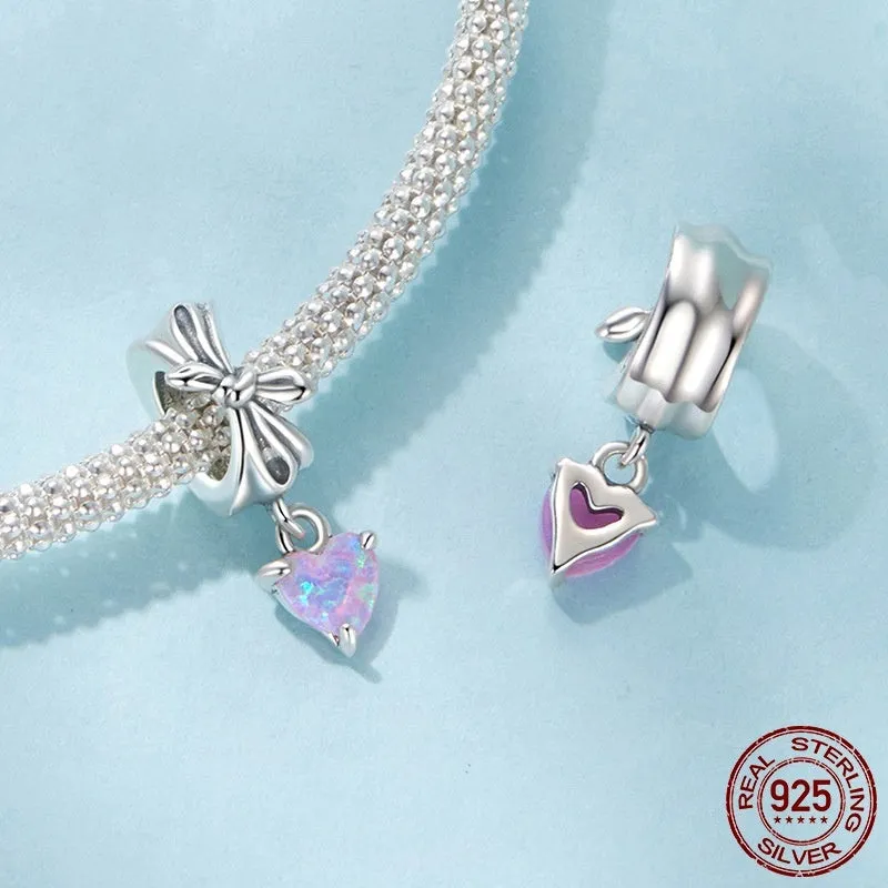 S925 sterling silver loving heart bead with opal bow inlay, 1.6x0.6cm, 0.45cm aperture
