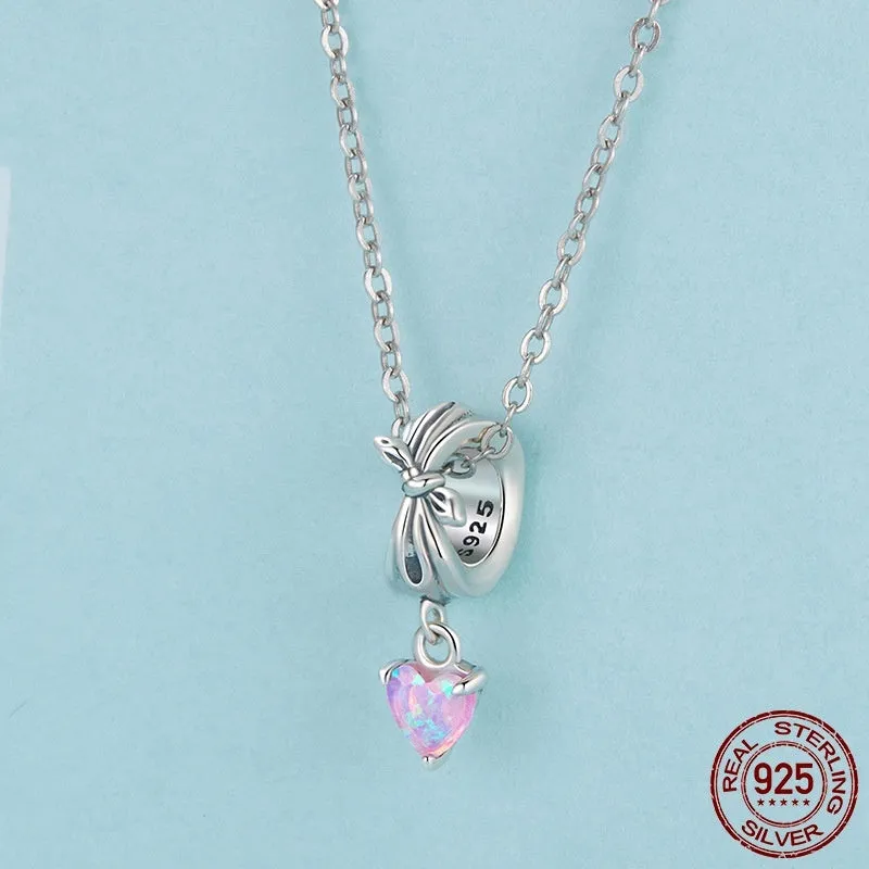 S925 sterling silver loving heart bead with opal bow inlay, 1.6x0.6cm, 0.45cm aperture