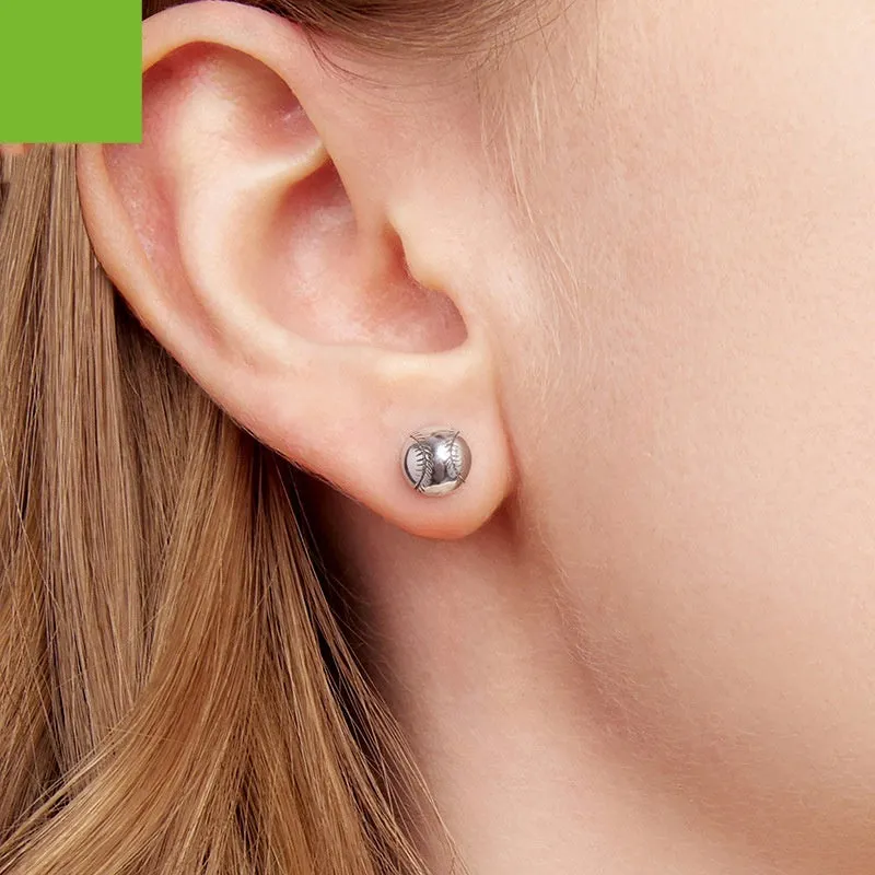 S925 sterling silver baseball stud earrings polished finish silver colour on white background