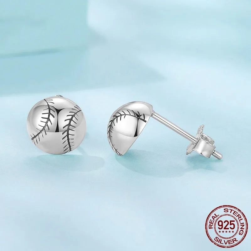 S925 sterling silver baseball stud earrings polished finish silver colour on white background