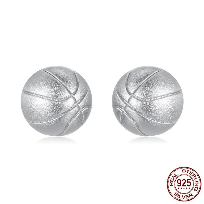 S925 Sterling Silver Basketball Stud Earrings for Women Electroplated Silver Stud Earrings in Colour SCE1906 Pair of Sports Themed Earrings